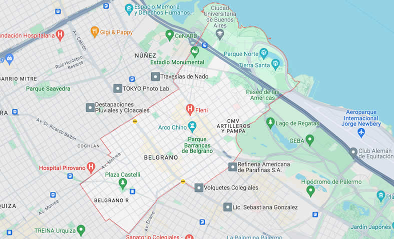Mapa del barrio de Belgrano con calles y avenidas en la Ciudad de Buenos Aires, Argentina.