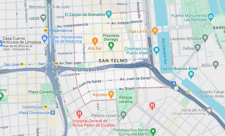 Mapa del barrio de San Telmo con sus calles y avenidas. San Telmo es un barrio de la Ciudad de Buenos Aires, Argentina.