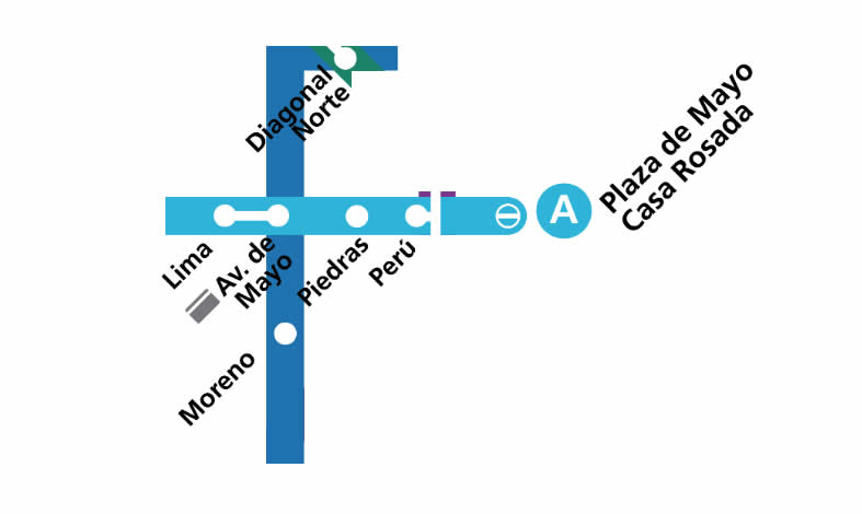 Acá hacés combinación en la estación Avenida de Mayo de la Linea C con la estación Lima de la Linea A. Para que tengas una idea ahí estás debajo de la Avenida 9 de Julio y Avenida de Mayo a unas 5 cuadras de la Casa Rosada. (Casa de Gobierno presidencial).