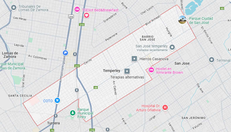 Mapa con la ubicación y límites de la localidad Temperley