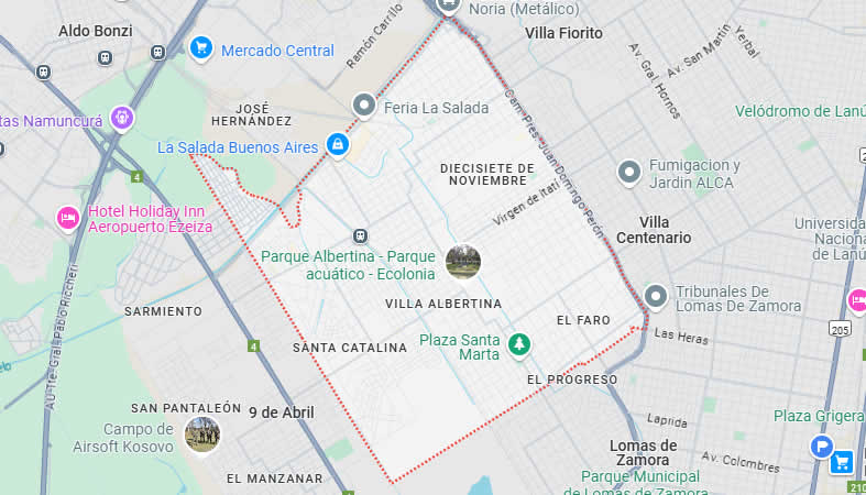 Mapa con la ubicación y límites de la localidad Ingeniero Budge