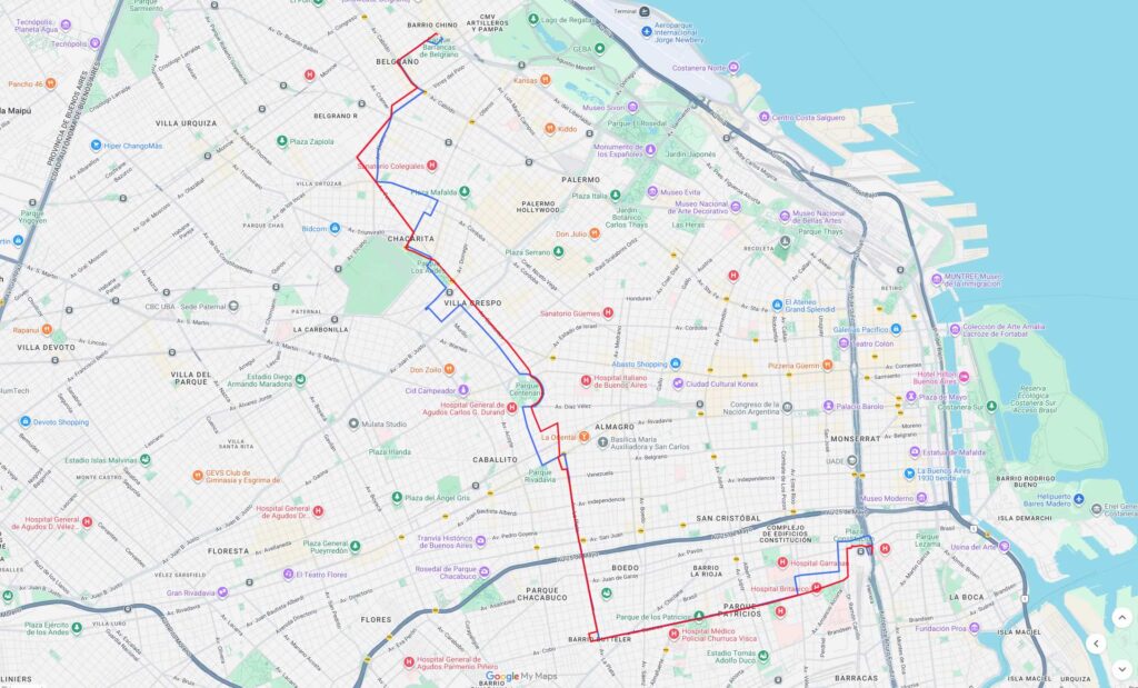 Mapa con el recorrido del colectivo de la línea 65 en la Ciudad Autónoma de Buenos Aires. Muestra el recorrido desde Plaza Constitución hasta Barrancas de Belgrano y su regreso.