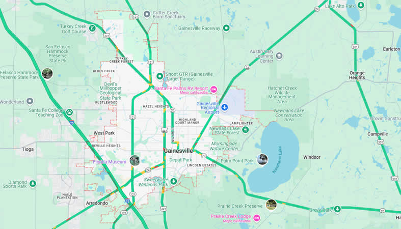 Mapa de Gainesville, Condado de Alachua, Estado de Florida, Estados Unidos de América