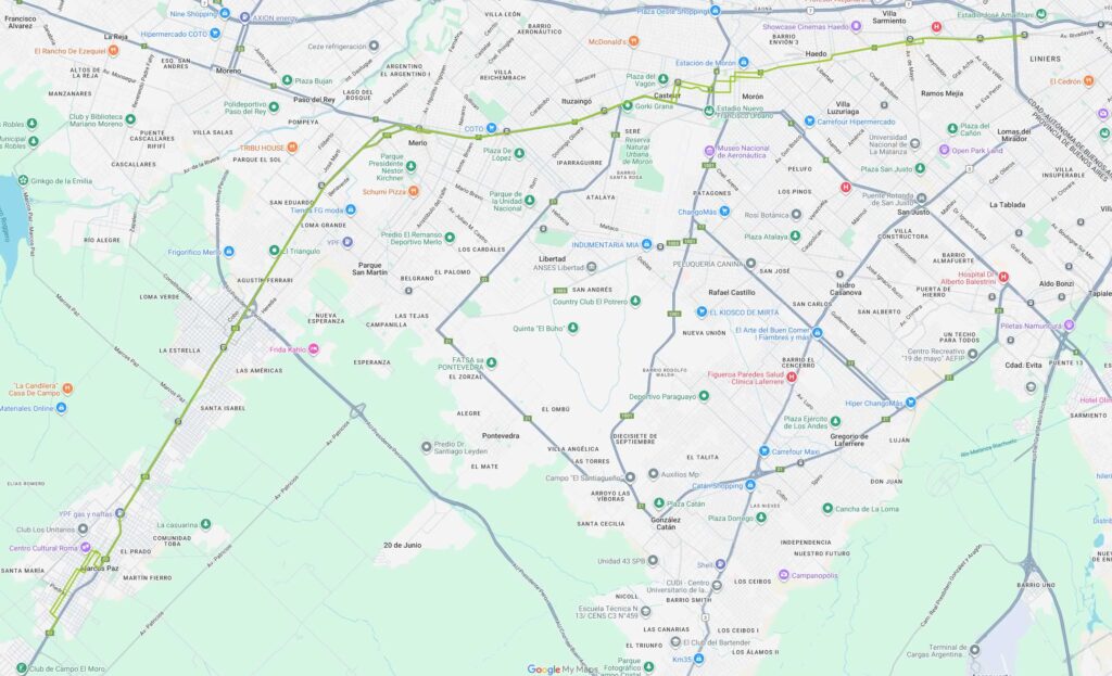 Mapa con el recorrido del colectivo de la linea 136 desde Liniers a Marcos Paz, ida y vuelta.